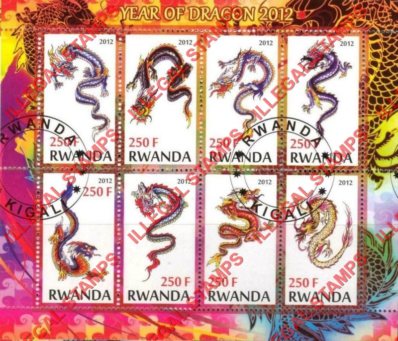 Rwanda 2012 Year of the Dragon Illegal Stamp Souvenir Sheet of 8 Rwanda 2012 Year of the Dragon Illegal Stamp Souvenir Sheet of 8