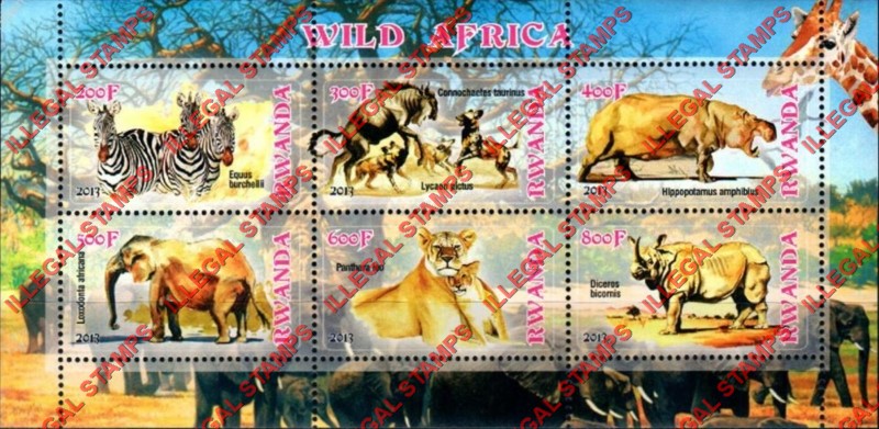 Rwanda 2013 Animals Fauna Wild Africa Illegal Stamp Souvenir Sheet of 6 Rwanda 2013 Animals Fauna Wild Africa Illegal Stamp Souvenir Sheet of 6