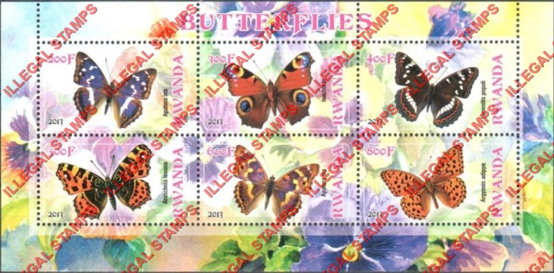 Rwanda 2013 Butterflies Illegal Stamp Souvenir Sheet of 6 Rwanda 2013 Butterflies Illegal Stamp Souvenir Sheet of 6