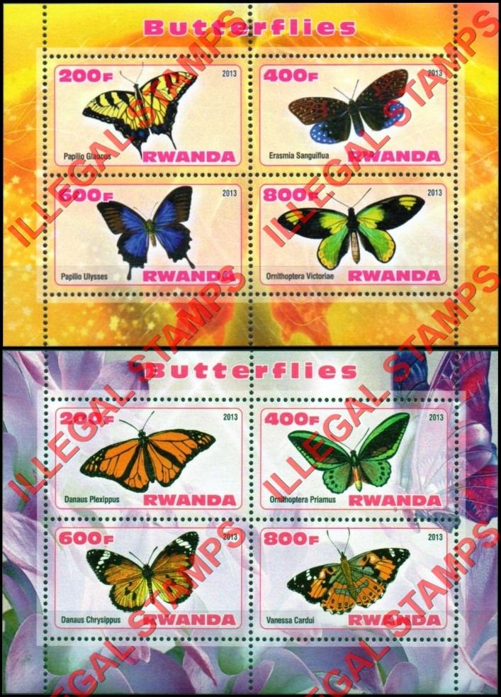 Rwanda 2013 Butterflies Illegal Stamp Souvenir Sheets of 4 (Part 1) Rwanda 2013 Butterflies Illegal Stamp Souvenir Sheets of 4 (Part 1)