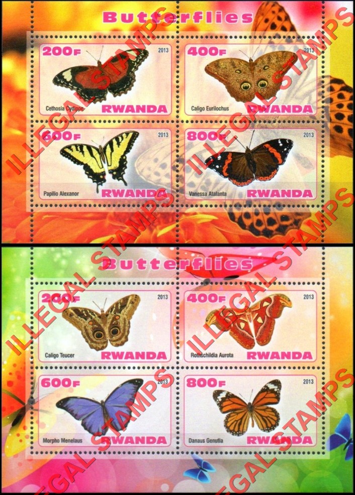 Rwanda 2013 Butterflies Illegal Stamp Souvenir Sheets of 4 (Part 2) Rwanda 2013 Butterflies Illegal Stamp Souvenir Sheets of 4 (Part 2)