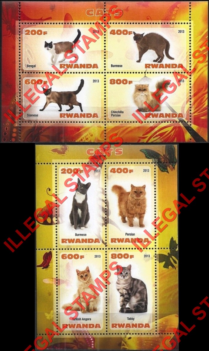 Rwanda 2013 Cats Illegal Stamp Souvenir Sheets of 4 Rwanda 2013 Cats Illegal Stamp Souvenir Sheets of 4