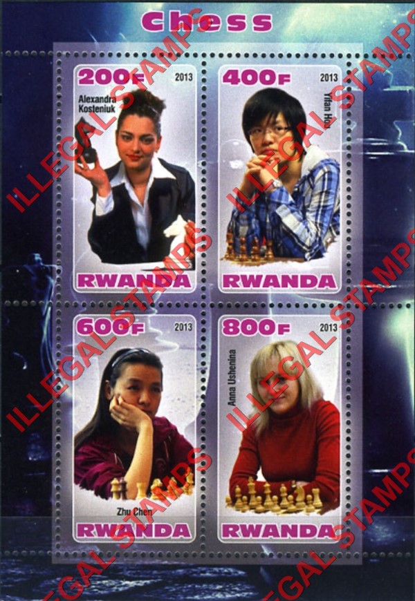 Rwanda 2013 Chess Women Chess Players Illegal Stamp Souvenir Sheet of 4 Rwanda 2013 Chess Women Chess Players Illegal Stamp Souvenir Sheet of 4