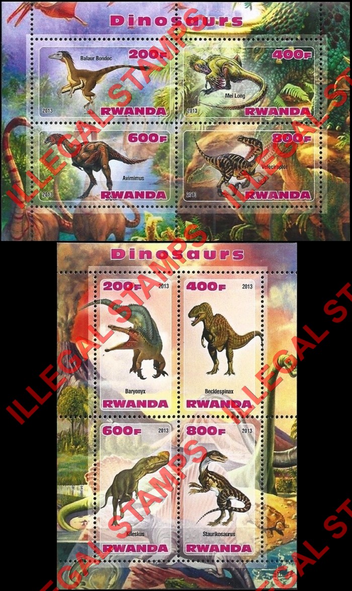 Rwanda 2013 Dinosaurs Illegal Stamp Souvenir Sheets of 4 Rwanda 2013 Dinosaurs Illegal Stamp Souvenir Sheets of 4