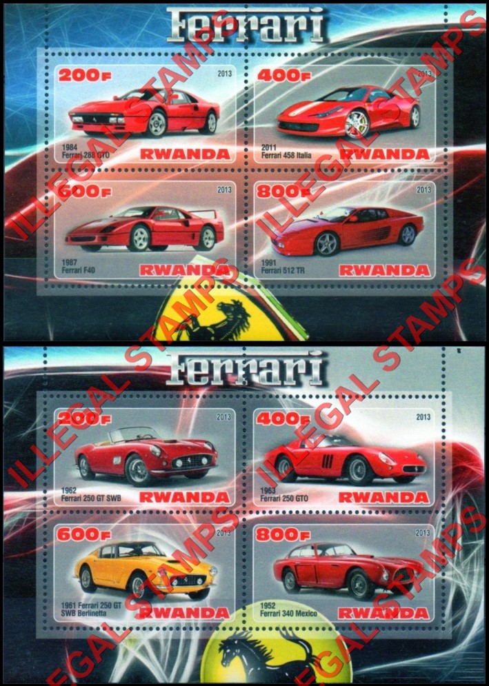 Rwanda 2013 Ferrari Illegal Stamp Souvenir Sheets of 4 Rwanda 2013 Ferrari Illegal Stamp Souvenir Sheets of 4