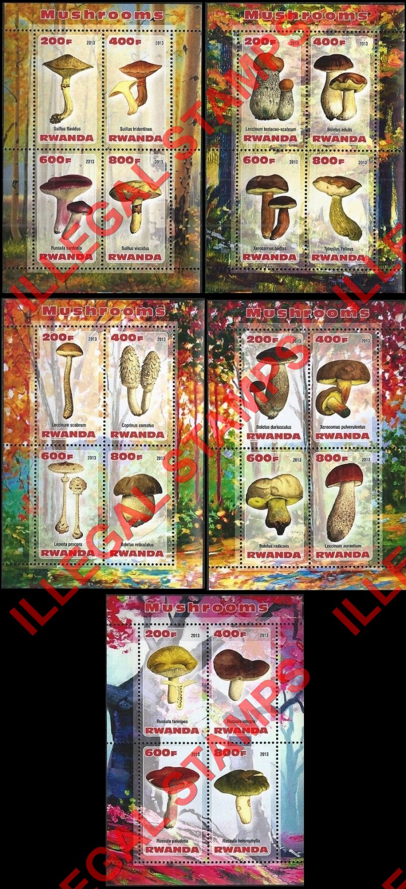 Rwanda 2013 Mushrooms Illegal Stamp Souvenir Sheets of 4 Rwanda 2013 Mushrooms Illegal Stamp Souvenir Sheets of 4
