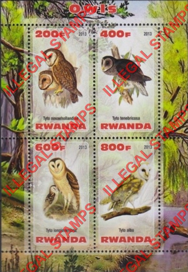 Rwanda 2013 Owls Illegal Stamp Souvenir Sheet of 4 Rwanda 2013 Owls Illegal Stamp Souvenir Sheet of 4