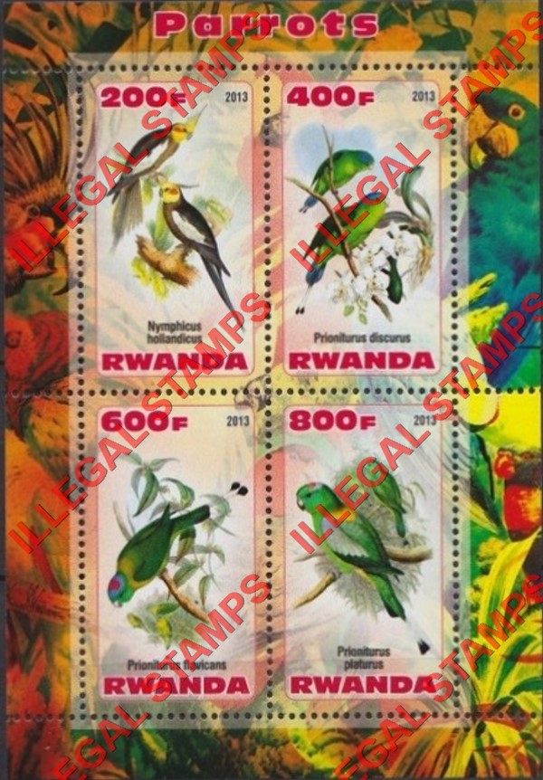 Rwanda 2013 Parrots Illegal Stamp Souvenir Sheet of 4 Rwanda 2013 Parrots Illegal Stamp Souvenir Sheet of 4