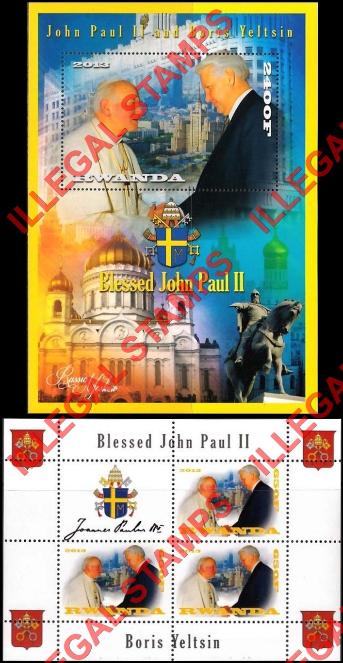 Rwanda 2013 Pope John Paul II and Boris Yeltsin Illegal Stamp Souvenir Sheet of 1 and Block of 3 Plus Label Rwanda 2013 Pope John Paul II and Boris Yeltsin Illegal Stamp Souvenir Sheet of 1 and Block of 3 Plus Label