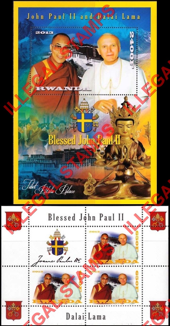 Rwanda 2013 Pope John Paul II and Dalai Lama Illegal Stamp Souvenir Sheet of 1 and Block of 3 Plus Label Rwanda 2013 Pope John Paul II and Dalai Lama Illegal Stamp Souvenir Sheet of 1 and Block of 3 Plus Label