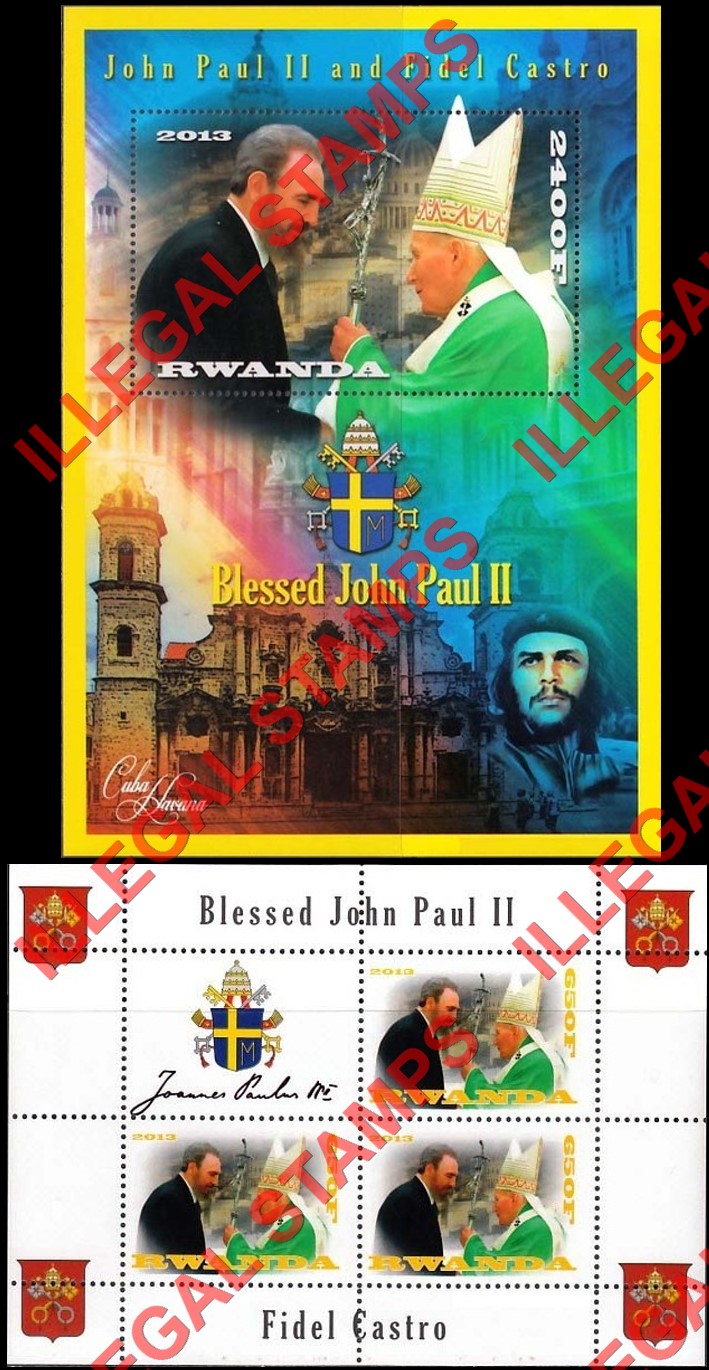 Rwanda 2013 Pope John Paul II and Fidel Castro Illegal Stamp Souvenir Sheet of 1 and Block of 3 Plus Label Rwanda 2013 Pope John Paul II and Fidel Castro Illegal Stamp Souvenir Sheet of 1 and Block of 3 Plus Label