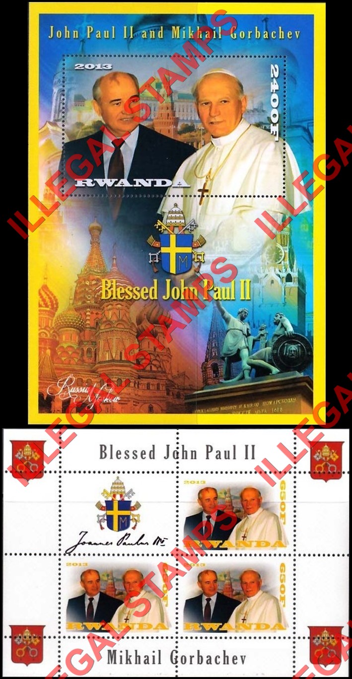 Rwanda 2013 Pope John Paul II and Mikhail Gorbachev Illegal Stamp Souvenir Sheet of 1 and Block of 3 Plus Label Rwanda 2013 Pope John Paul II and Mikhail Gorbachev Illegal Stamp Souvenir Sheet of 1 and Block of 3 Plus Label