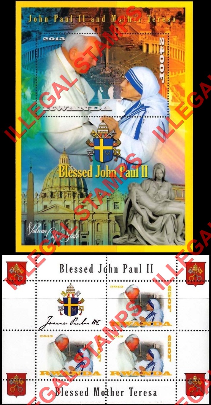 Rwanda 2013 Pope John Paul II and Mother Teresa Illegal Stamp Souvenir Sheet of 1 and Block of 3 Plus Label Rwanda 2013 Pope John Paul II and Mother Teresa Illegal Stamp Souvenir Sheet of 1 and Block of 3 Plus Label