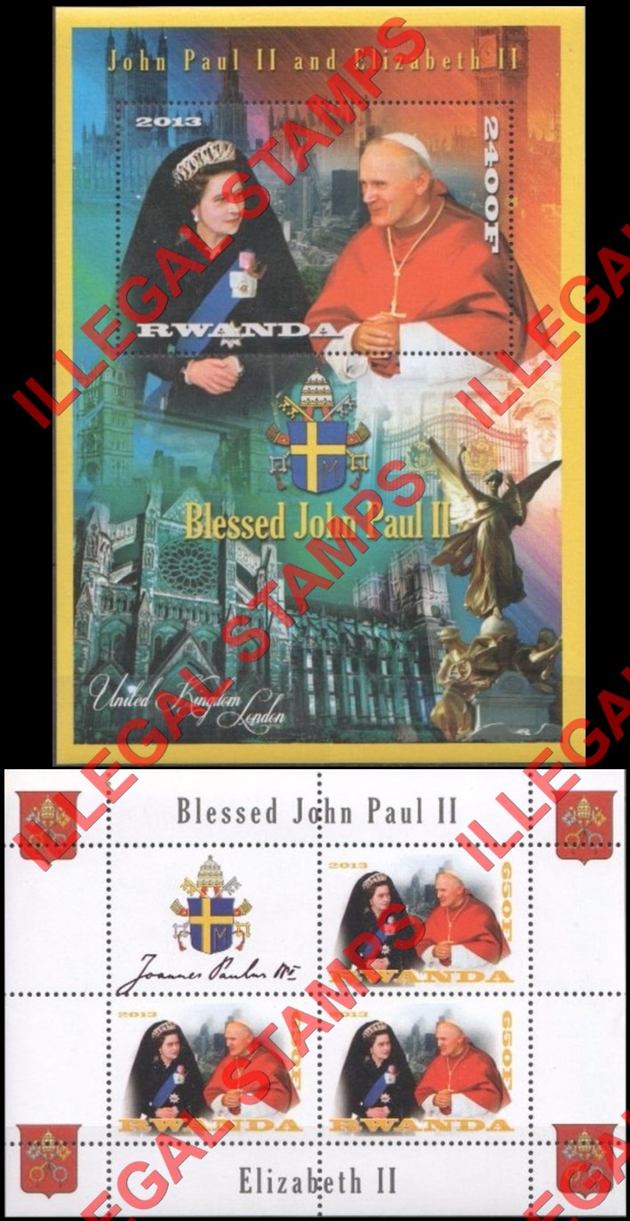 Rwanda 2013 Pope John Paul II and Queen Elizabeth II Illegal Stamp Souvenir Sheet of 1 and Block of 3 Plus Label Rwanda 2013 Pope John Paul II and Queen Elizabeth II Illegal Stamp Souvenir Sheet of 1 and Block of 3 Plus Label