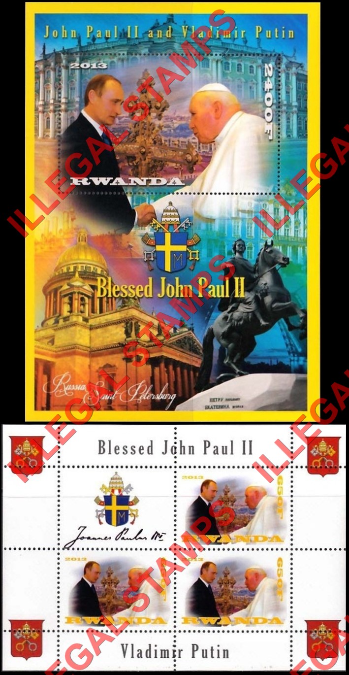 Rwanda 2013 Pope John Paul II and Vladimir Putin Illegal Stamp Souvenir Sheet of 1 and Block of 3 Plus Label Rwanda 2013 Pope John Paul II and Vladimir Putin Illegal Stamp Souvenir Sheet of 1 and Block of 3 Plus Label