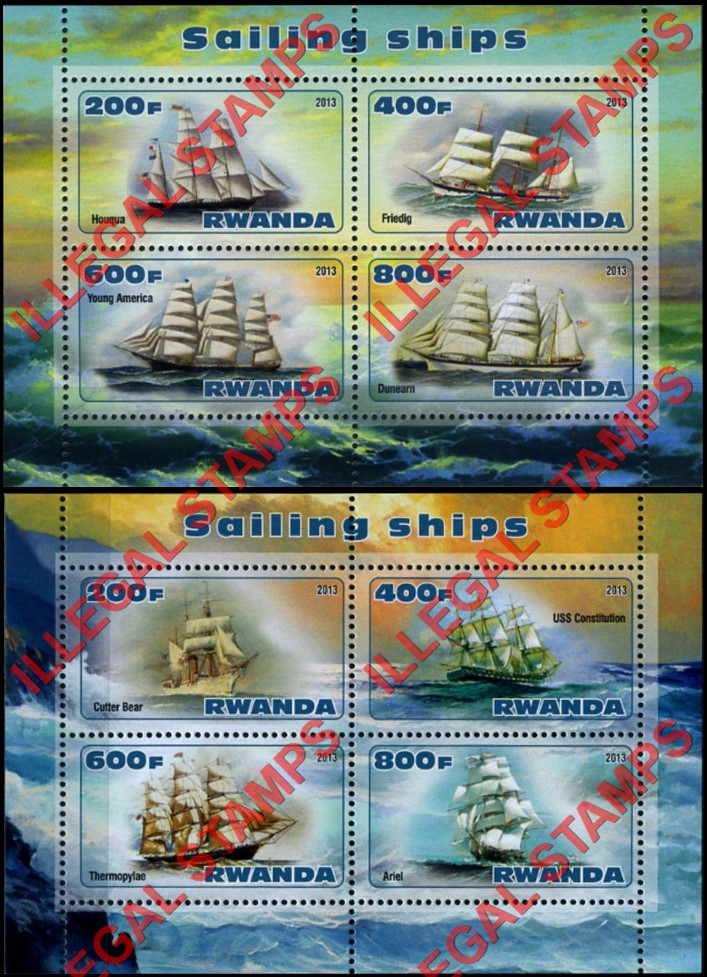 Rwanda 2013 Sailing Ships Illegal Stamp Souvenir Sheets of 4 Rwanda 2013 Sailing Ships Illegal Stamp Souvenir Sheets of 4