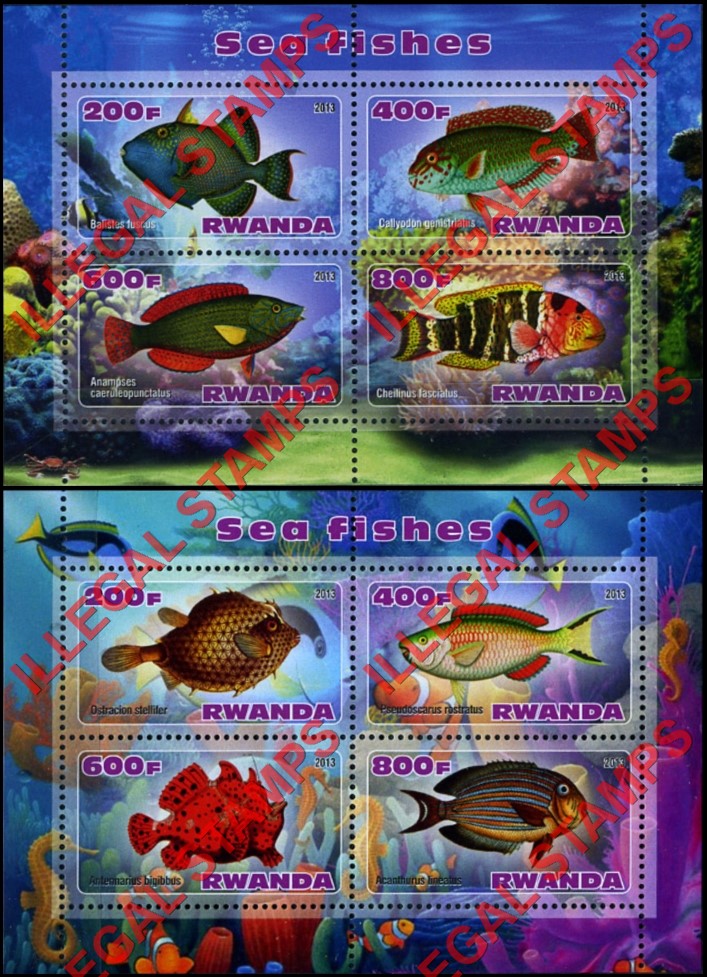 Rwanda 2013 Sea Fish Illegal Stamp Souvenir Sheets of 4 Rwanda 2013 Sea Fish Illegal Stamp Souvenir Sheets of 4