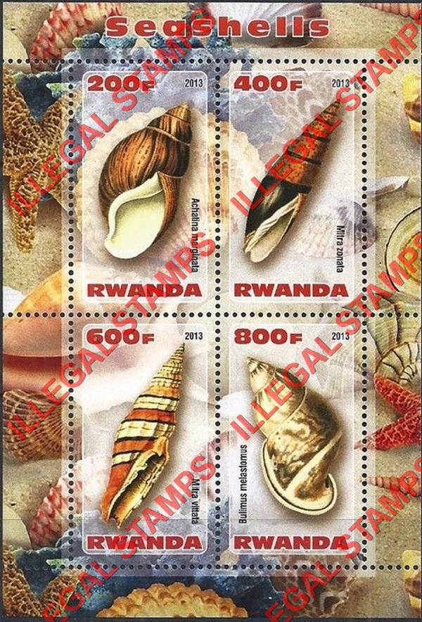 Rwanda 2013 Seashells Illegal Stamp Souvenir Sheet of 4 Rwanda 2013 Seashells Illegal Stamp Souvenir Sheet of 4