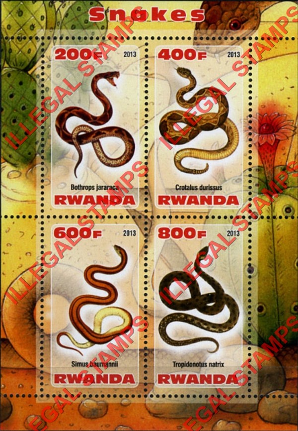 Rwanda 2013 Snakes Illegal Stamp Souvenir Sheet of 4 Rwanda 2013 Snakes Illegal Stamp Souvenir Sheet of 4