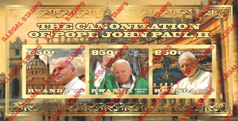 Rwanda 2014 Pope John Paul II Canonization Illegal Stamp Souvenir Sheet of 3 Rwanda 2014 Pope John Paul II Canonization Illegal Stamp Souvenir Sheet of 3