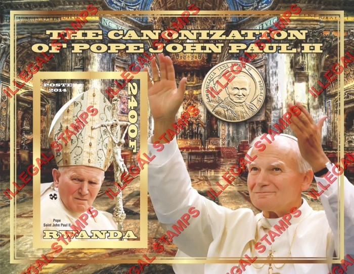 Rwanda 2014 Pope John Paul II Canonization Illegal Stamp Souvenir Sheet of 1 Rwanda 2014 Pope John Paul II Canonization Illegal Stamp Souvenir Sheet of 1