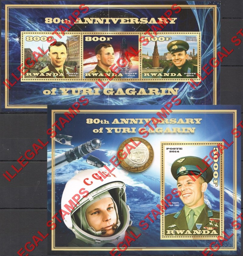 Rwanda 2014 Space Yuri Gagarin Illegal Stamp Souvenir Sheets of 3 and 1 Rwanda 2014 Space Yuri Gagarin Illegal Stamp Souvenir Sheets of 3 and 1