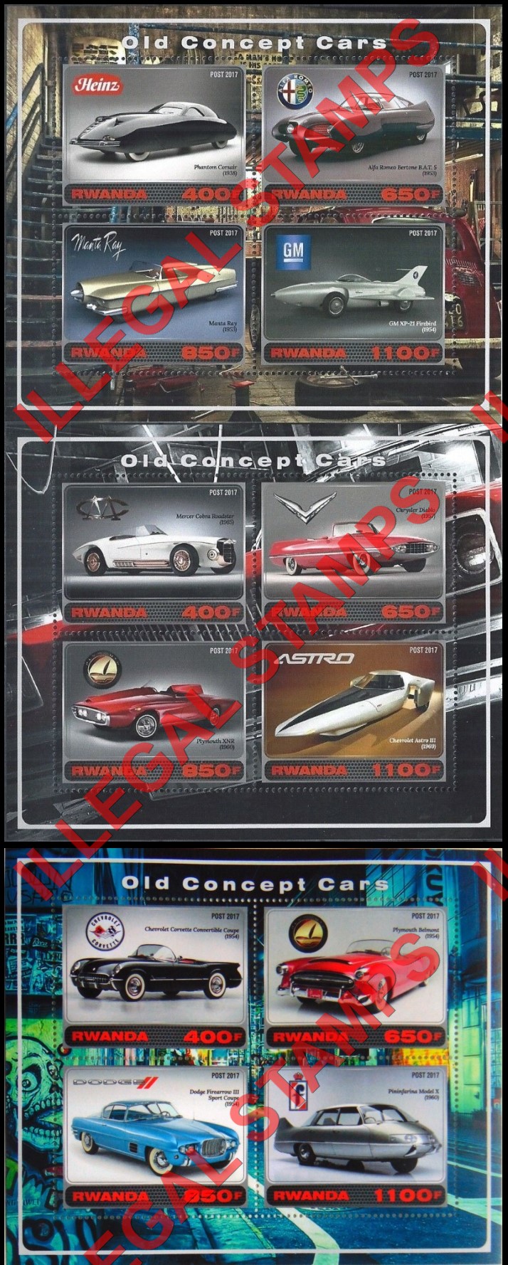 Rwanda 2017 Old Concept Cars Illegal Stamp Souvenir Sheets of 4 Rwanda 2017 Old Concept Cars Illegal Stamp Souvenir Sheets of 4