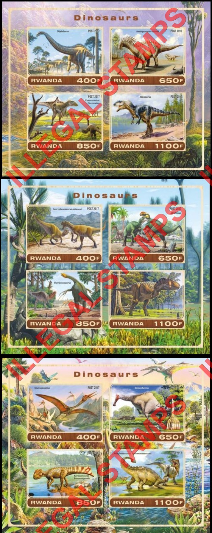Rwanda 2017 Dinosaurs Illegal Stamp Souvenir Sheets of 4 Rwanda 2017 Dinosaurs Illegal Stamp Souvenir Sheets of 4