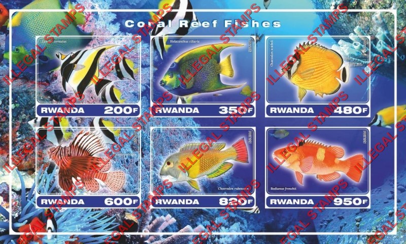 Rwanda 2017 Coral Reef Fish Illegal Stamp Souvenir Sheet of 6 Rwanda 2017 Coral Reef Fish Illegal Stamp Souvenir Sheet of 6