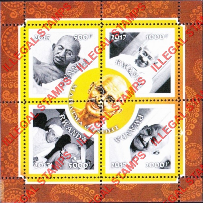 Rwanda 2017 Gandhi Illegal Stamp Souvenir Sheet of 4 Rwanda 2017 Gandhi Illegal Stamp Souvenir Sheet of 4