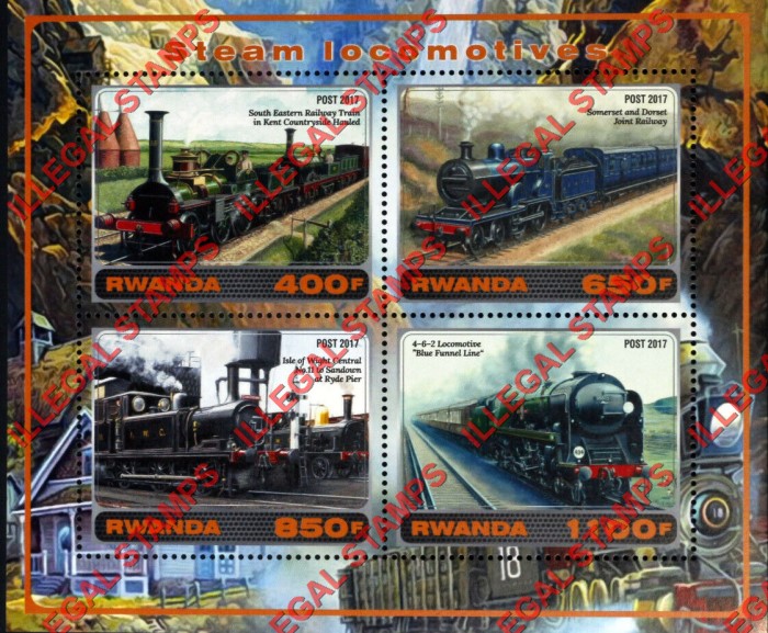 Rwanda 2017 Steam Locomotives Illegal Stamp Souvenir Sheet of 4 Rwanda 2017 Steam Locomotives Illegal Stamp Souvenir Sheet of 4
