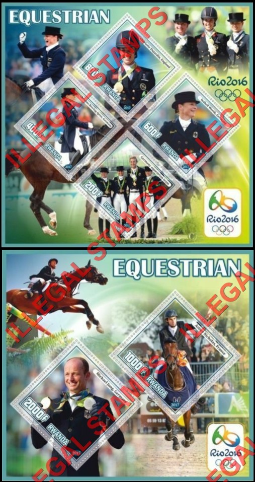 Rwanda 2017 Olympic Games Equestrian Illegal Stamp Souvenir Sheets of 4 and 2 Rwanda 2017 Olympic Games Equestrian Illegal Stamp Souvenir Sheets of 4 and 2