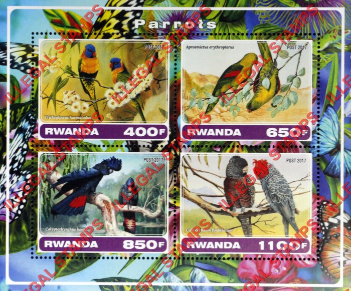 Rwanda 2017 Parrots Illegal Stamp Souvenir Sheet of 4 Rwanda 2017 Parrots Illegal Stamp Souvenir Sheet of 4