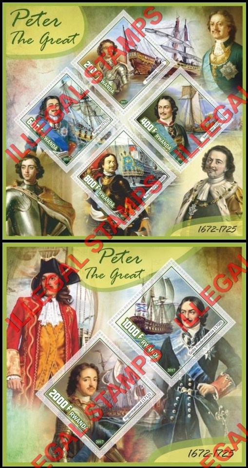 Rwanda 2017 Peter the Great Ships Illegal Stamp Souvenir Sheets of 4 and 2 Rwanda 2017 Peter the Great Ships Illegal Stamp Souvenir Sheets of 4 and 2