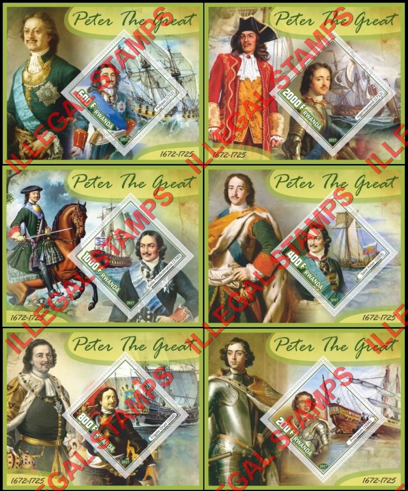 Rwanda 2017 Peter the Great Ships Illegal Stamp Souvenir Sheets of 1 Rwanda 2017 Peter the Great Ships Illegal Stamp Souvenir Sheets of 1