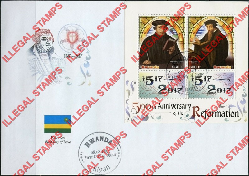 Rwanda 2017 Reformation Illegal Stamp Souvenir Sheet of 2 on Fake First Day Cover Rwanda 2017 Reformation Illegal Stamp Souvenir Sheet of 2 on Fake First Day Cover
