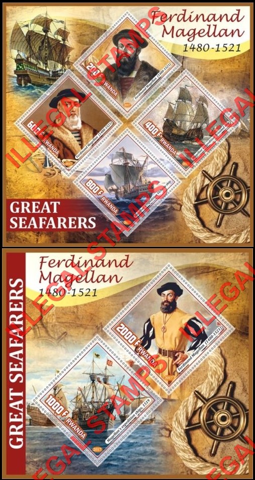 Rwanda 2017 Seafarers Ferdinand Magellan Sailing Ships Illegal Stamp Souvenir Sheets of 4 and 2 Rwanda 2017 Seafarers Ferdinand Magellan Sailing Ships Illegal Stamp Souvenir Sheets of 4 and 2