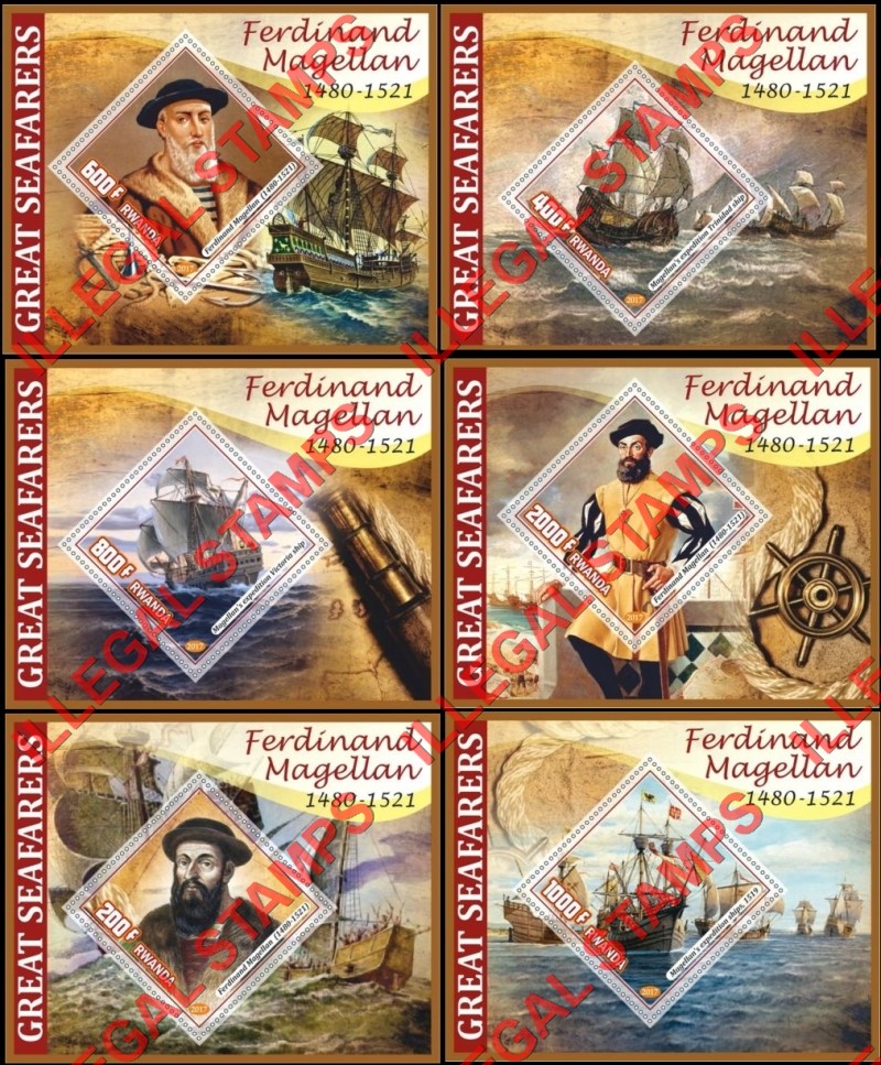 Rwanda 2017 Seafarers Ferdinand Magellan Sailing Ships Illegal Stamp Souvenir Sheets of 1 Rwanda 2017 Seafarers Ferdinand Magellan Sailing Ships Illegal Stamp Souvenir Sheets of 1