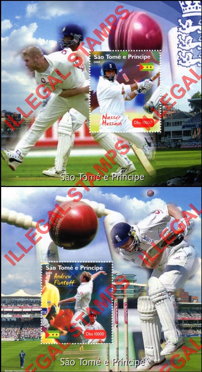 Saint Thomas and Prince Islands 2004 Cricket Players Illegal Stamp Souvenir Sheets of 1 (example) Saint Thomas and Prince Islands 2004 Cricket Players Illegal Stamp Souvenir Sheets of 1 (example)