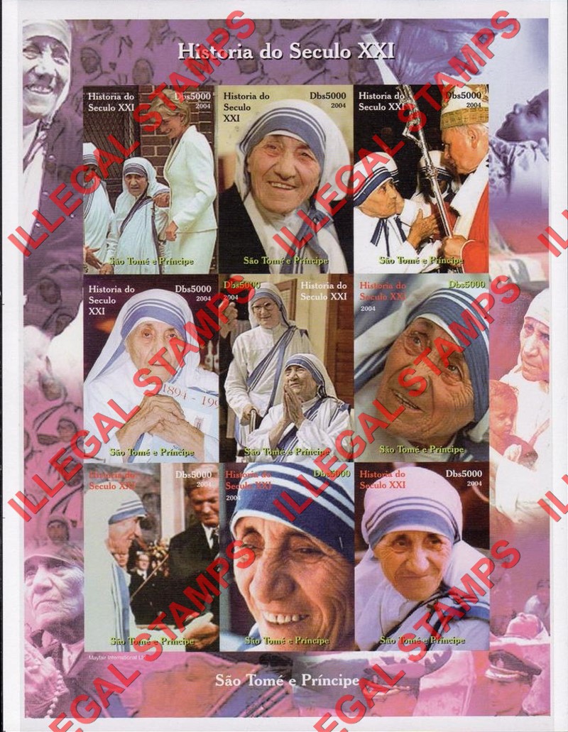 Saint Thomas and Prince Islands 2004 History Mother Teresa Illegal Stamp Souvenir Sheet of 9 Saint Thomas and Prince Islands 2004 History Mother Teresa Illegal Stamp Souvenir Sheet of 9