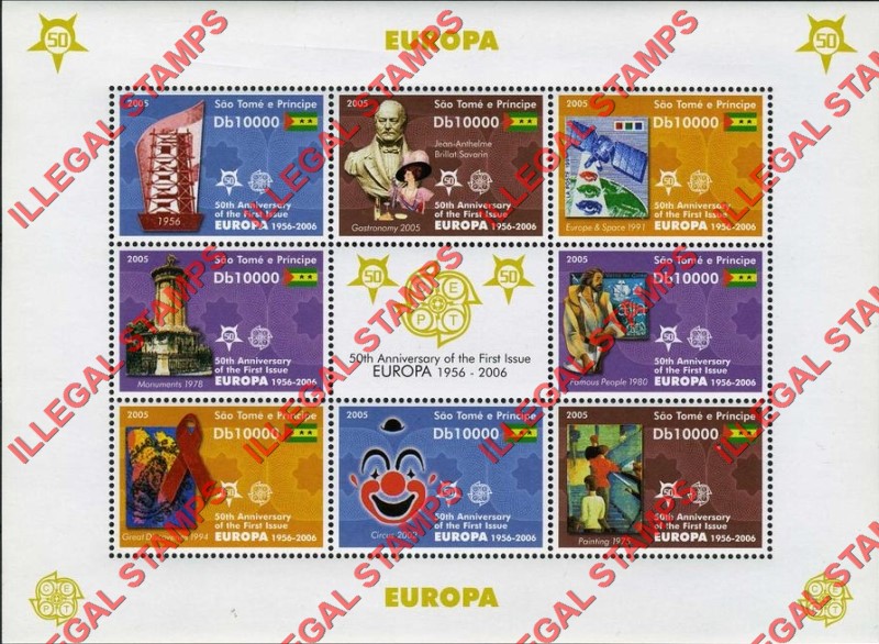 Saint Thomas and Prince Islands 2005 EUROPA 50th Anniversary of the First Issue Illegal Stamp Souvenir Sheet of 9 Saint Thomas and Prince Islands 2005 EUROPA 50th Anniversary of the First Issue Illegal Stamp Souvenir Sheet of 9