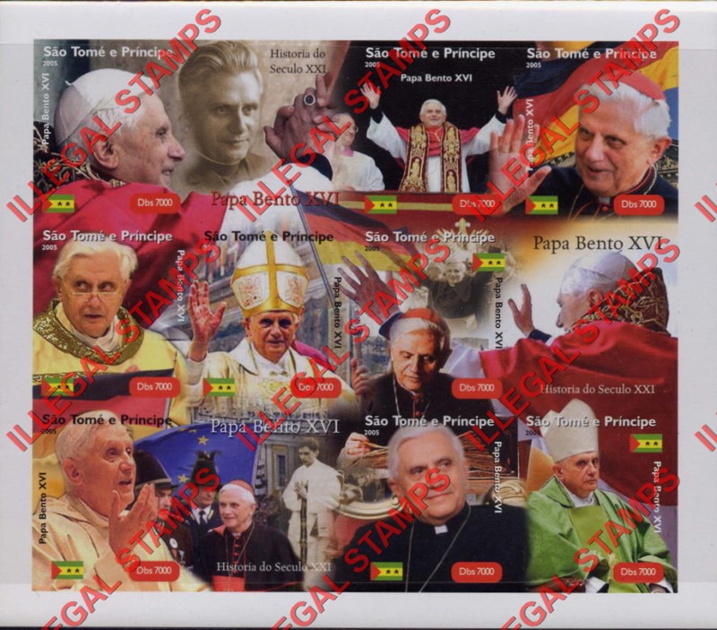 Saint Thomas and Prince Islands 2005 Pope Benedict XVI Illegal Stamp Souvenir Sheet of 9 Plus 3 Labels Saint Thomas and Prince Islands 2005 Pope Benedict XVI Illegal Stamp Souvenir Sheet of 9 Plus 3 Labels