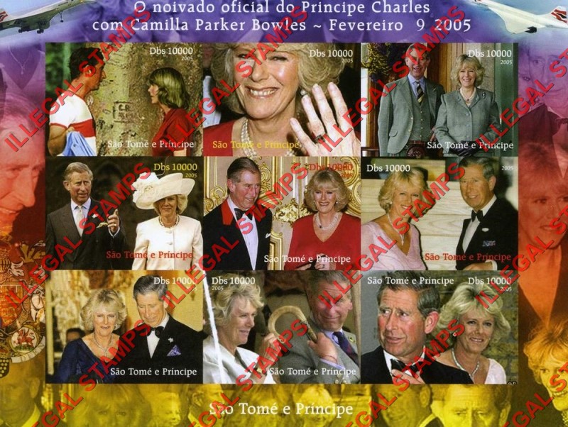 Saint Thomas and Prince Islands 2005 Prince Charles and Camilla Parker Bowles Illegal Stamp Souvenir Sheet of 9 Saint Thomas and Prince Islands 2005 Prince Charles and Camilla Parker Bowles Illegal Stamp Souvenir Sheet of 9