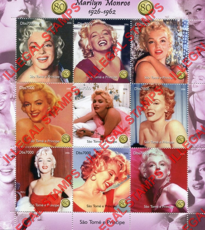 Saint Thomas and Prince Islands 2006 Marilyn Monroe Illegal Stamp Souvenir Sheet of 9 Saint Thomas and Prince Islands 2006 Marilyn Monroe Illegal Stamp Souvenir Sheet of 9