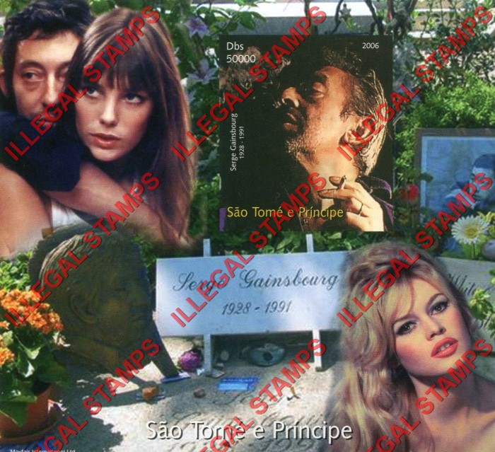 Saint Thomas and Prince Islands 2006 Serge Gainsbourgh and Brigitte Bardot Illegal Stamp Souvenir Sheet of 1 Saint Thomas and Prince Islands 2006 Serge Gainsbourgh and Brigitte Bardot Illegal Stamp Souvenir Sheet of 1