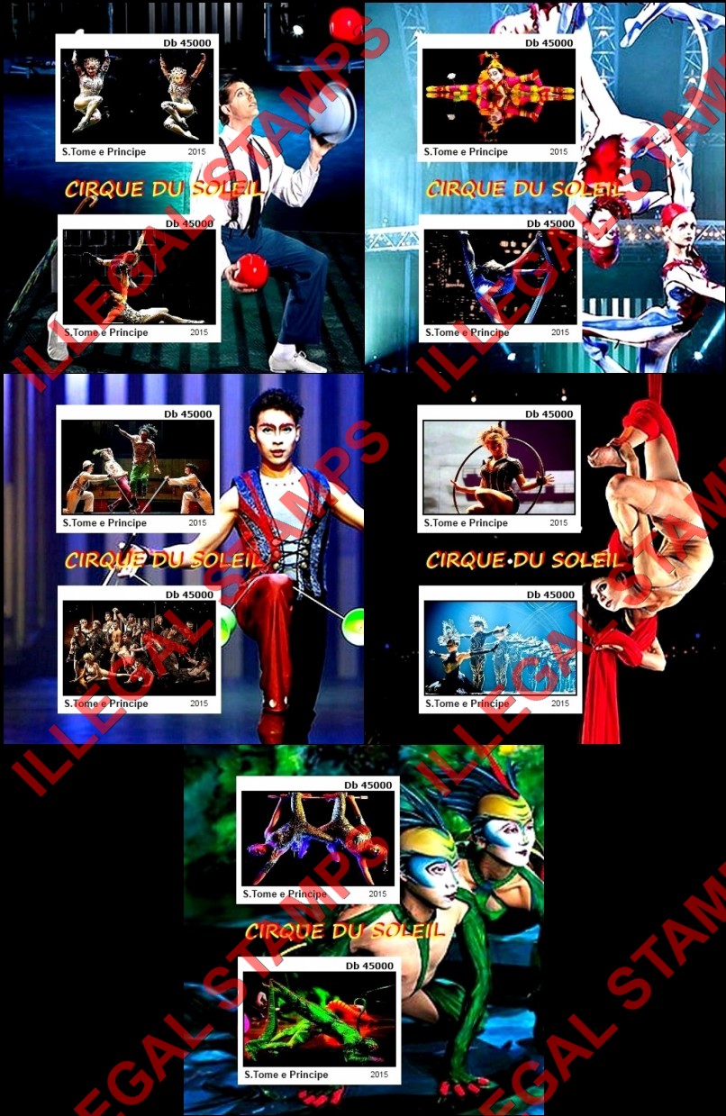 Saint Thomas and Prince Islands 2015 Circus Cirque du Soleil Illegal Stamp Souvenir Sheets of 2 (Part 1) Saint Thomas and Prince Islands 2015 Circus Cirque du Soleil Illegal Stamp Souvenir Sheets of 2 (Part 1)