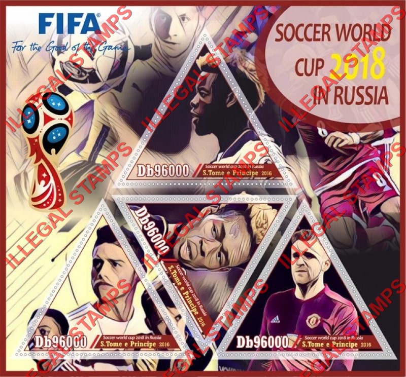 Saint Thomas and Prince Islands 2016 FIFA World Cup Soccer in Russia in 2018 Illegal Stamp Souvenir Sheet of 4 Saint Thomas and Prince Islands 2016 FIFA World Cup Soccer in Russia in 2018 Illegal Stamp Souvenir Sheet of 4