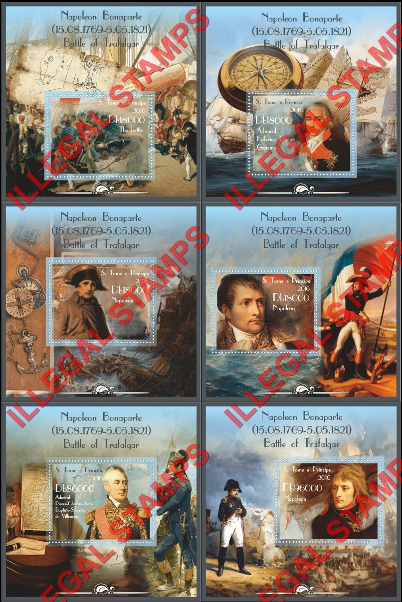 Saint Thomas and Prince Islands 2016 Napoleon Bonaparte The Battle of Trafalgar Illegal Stamp Souvenir Sheets of 1 Saint Thomas and Prince Islands 2016 Napoleon Bonaparte The Battle of Trafalgar Illegal Stamp Souvenir Sheets of 1