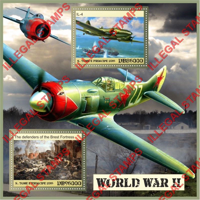 Saint Thomas and Prince Islands 2016 World War II Illegal Stamp Souvenir Sheet of 2 Saint Thomas and Prince Islands 2016 World War II Illegal Stamp Souvenir Sheet of 2