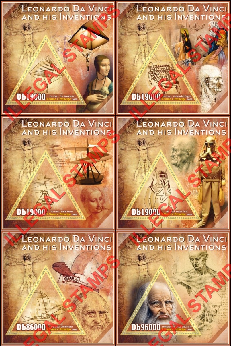 Saint Thomas and Prince Islands 2020 Leonardo da Vinci Inventions Illegal Stamp Souvenir Sheets of 1 Saint Thomas and Prince Islands 2020 Leonardo da Vinci Inventions Illegal Stamp Souvenir Sheets of 1